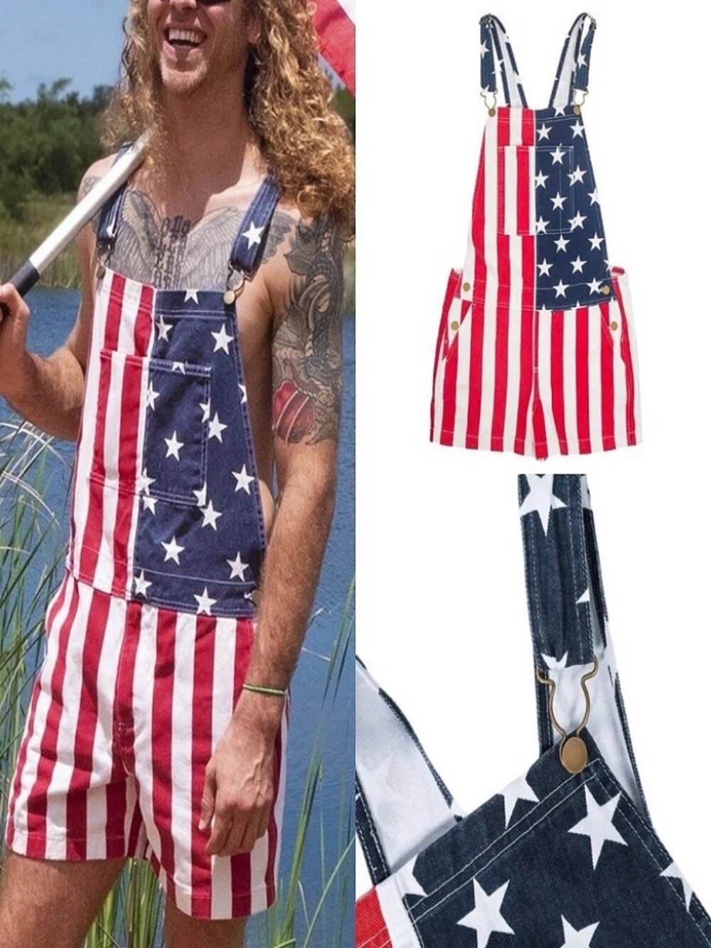 Men's & Women's Overalls USA America Flag Print Bib Pants Jumpsuit Romper Shorts